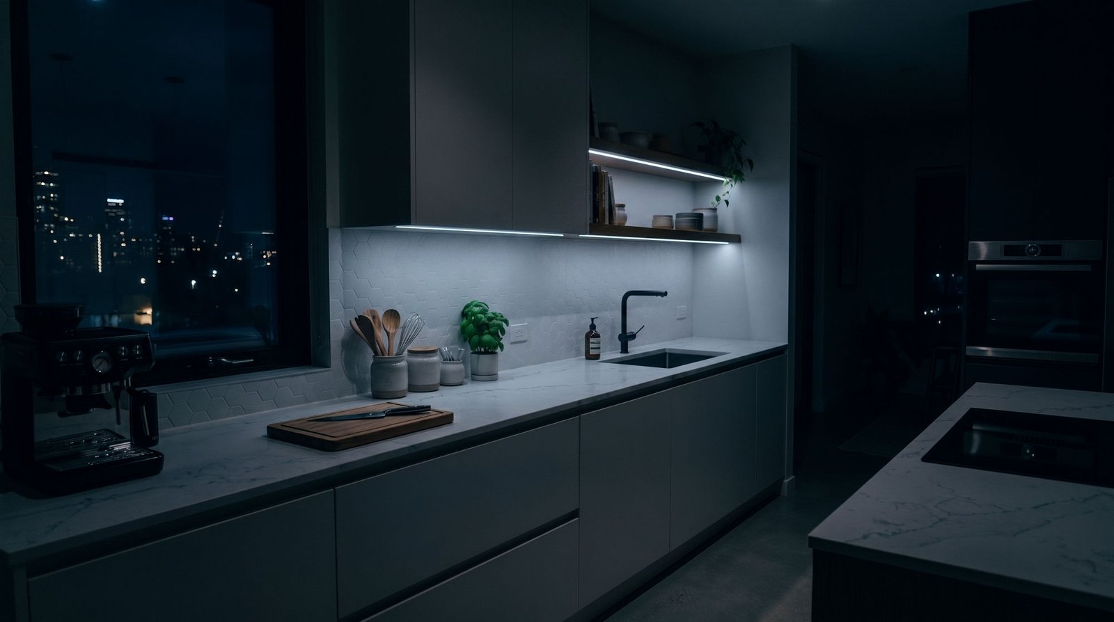 Cozinha com luz branco frio 6000K acesa