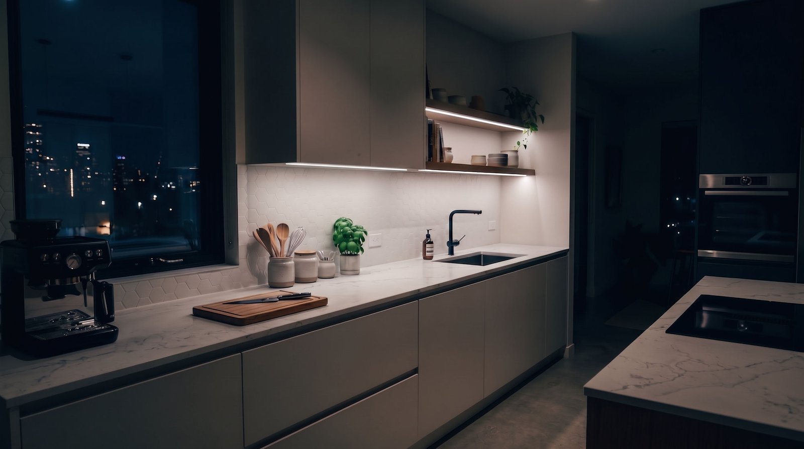 Cozinha com luz neutra 4000K acesa