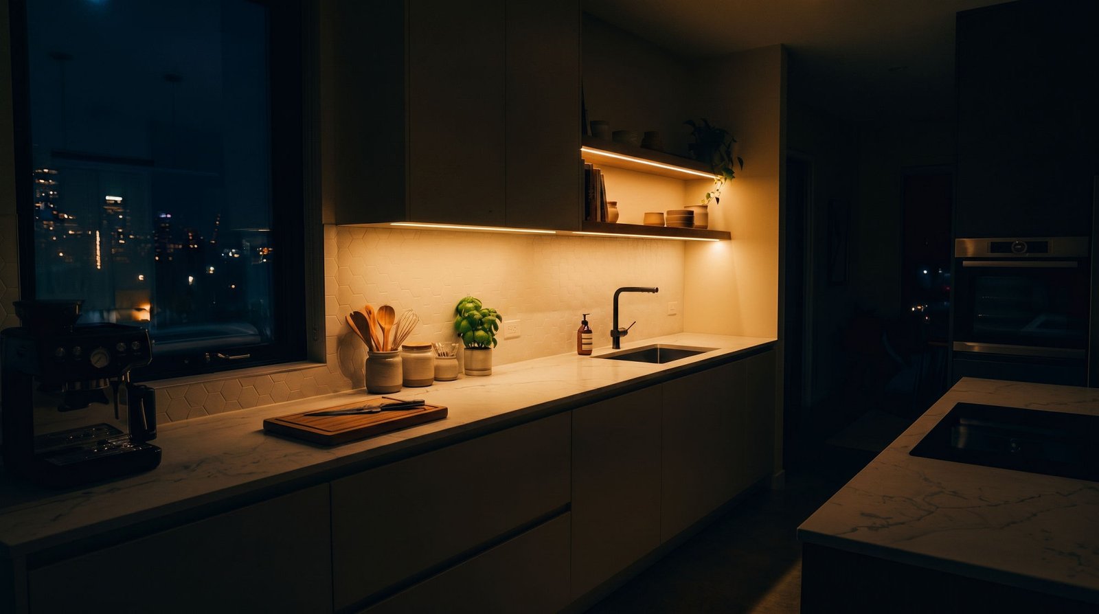 Cozinha com luz branco quente 3000K acesa