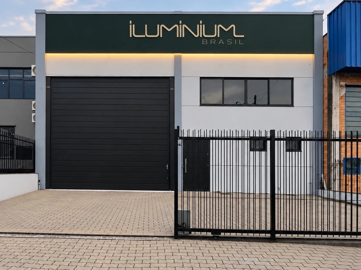 Fachada da Iluminium Brasil, em Caxias do Sul, com a faixa verde da marca e a linha de luz LED