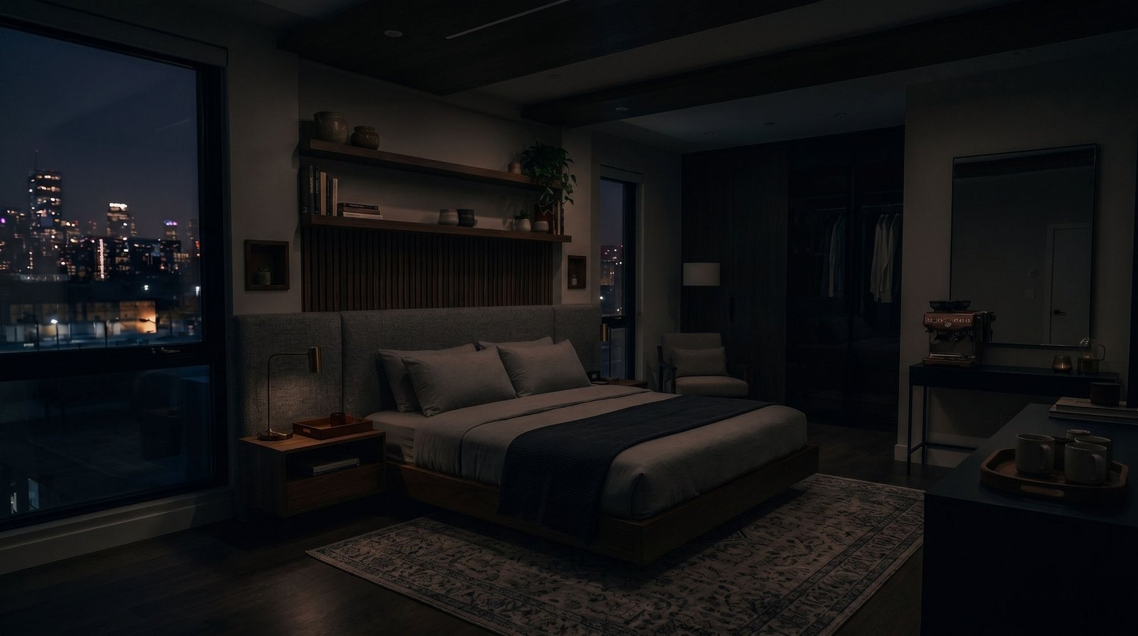 Quarto com perfil de LED embutido, luz apagada