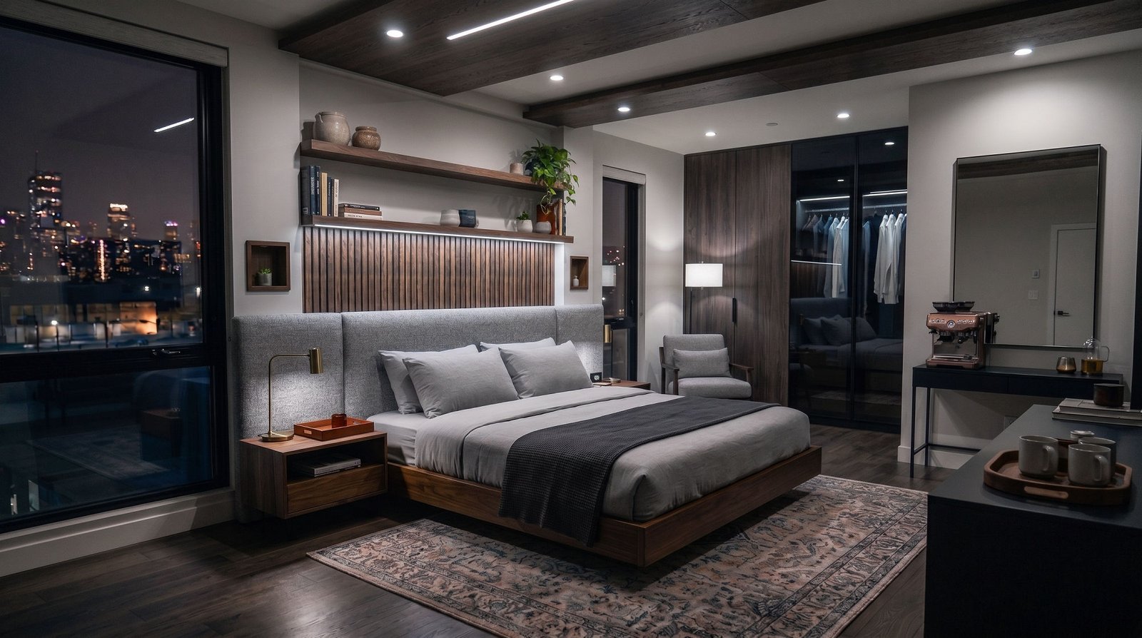 Quarto com luz neutra acesa
