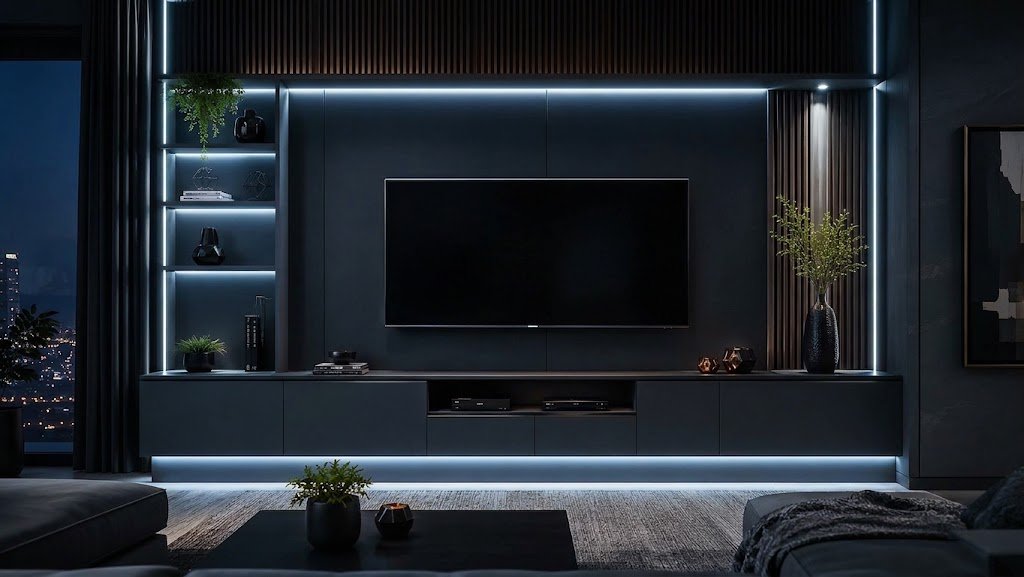 Sala com luz branco frio acesa
