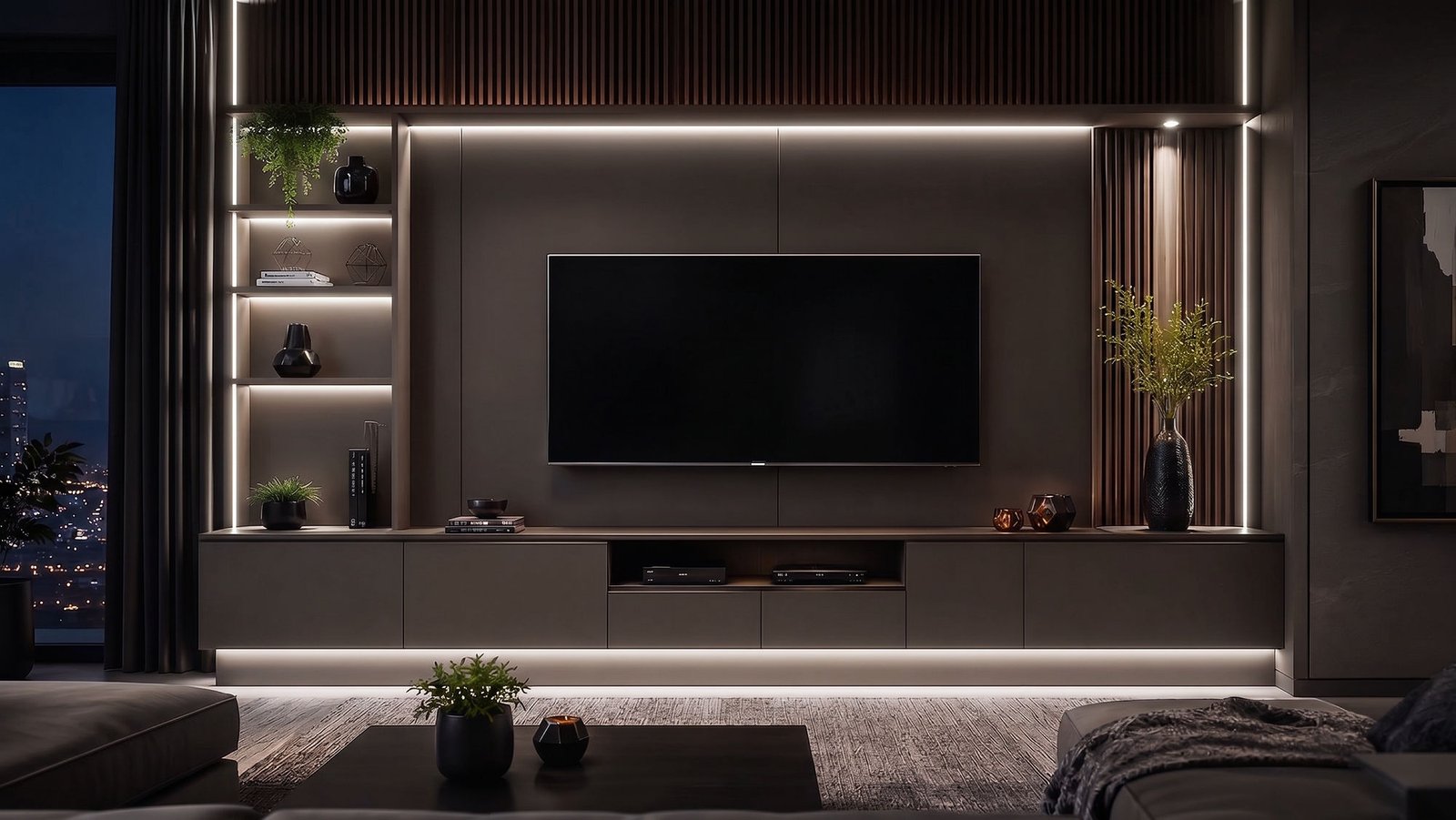 Sala com luz neutra acesa