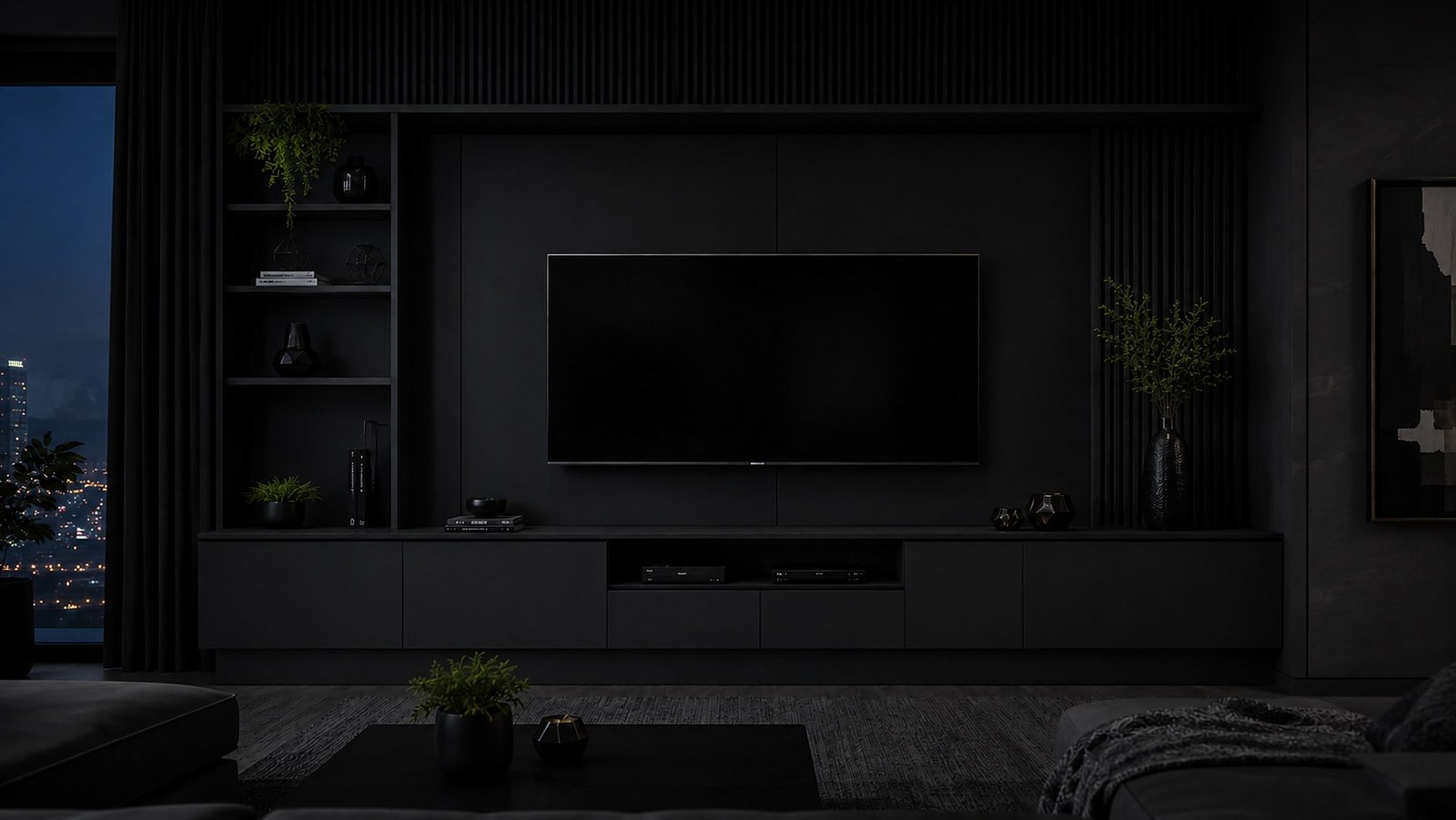 Sala com painel de TV sem iluminação LED